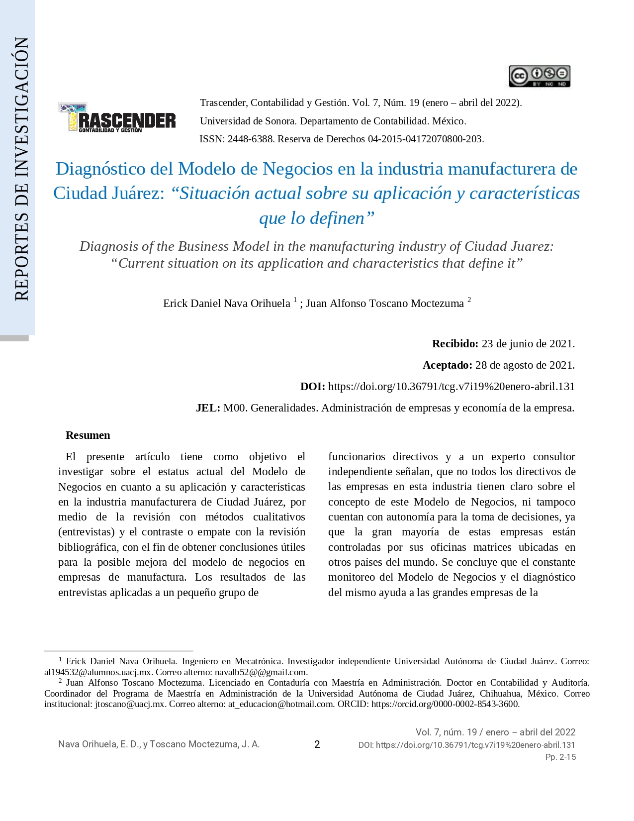 Diagnosis of the Business Model in the manufacturing industry of Ciudad Juarez