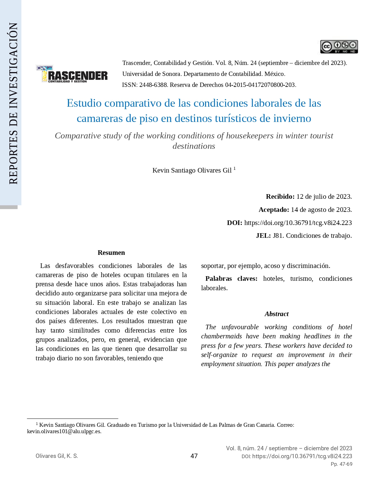 Comparative study of the working conditions of housekeepers in winter tourist  destinations
