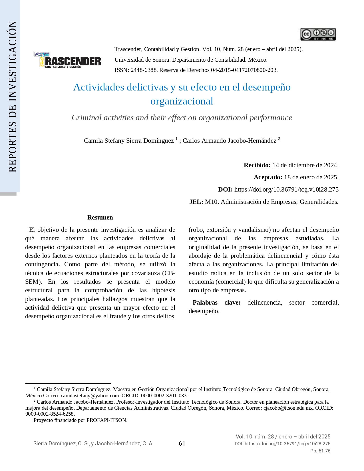  Actividades delictivas y su efecto en el desempeño organizacional